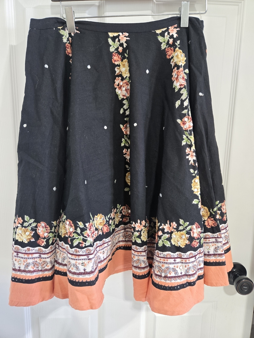 Temptation Black Floral Border Skirt with Coral Hem